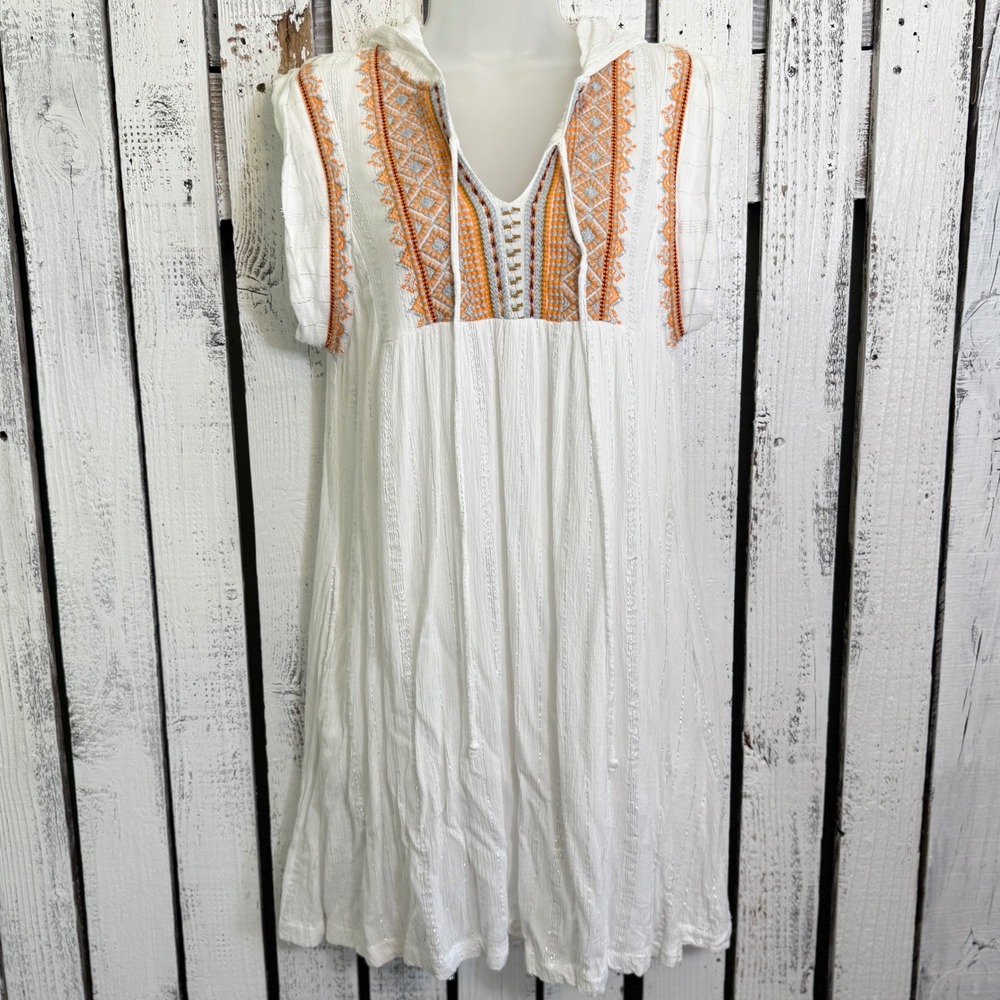 Shoreline Embroidered Dress L Gauze Hooded Boho Mini Festival White Fairy Beach